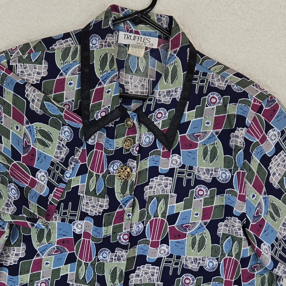 Vintage Truffles Womens Abstract Geometric Button Up Shirt 14 Blouse 90s Gold